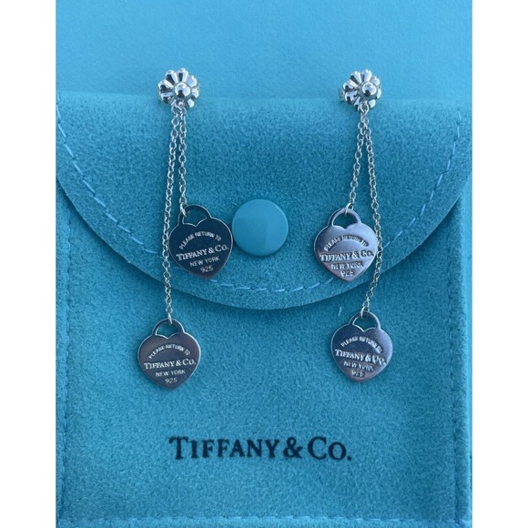 RARE Return Tiffany & Co. Silver 10mm Double Heart Dangle Drop Stud Earrings 925 - Picture 3 of 16